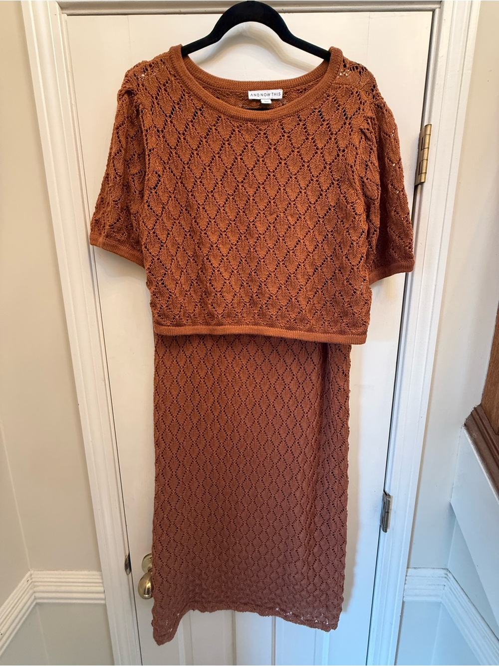 And Now This Brown Crochet Knit Top & Maxi Skirt 2 Piece Set XL